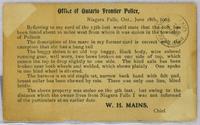 Office of Frontier Police notice by W. H. Mains, Chief    Police Report on a stolen horse