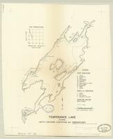 Temperance Lake showing depth contours, vegetation and temperatures